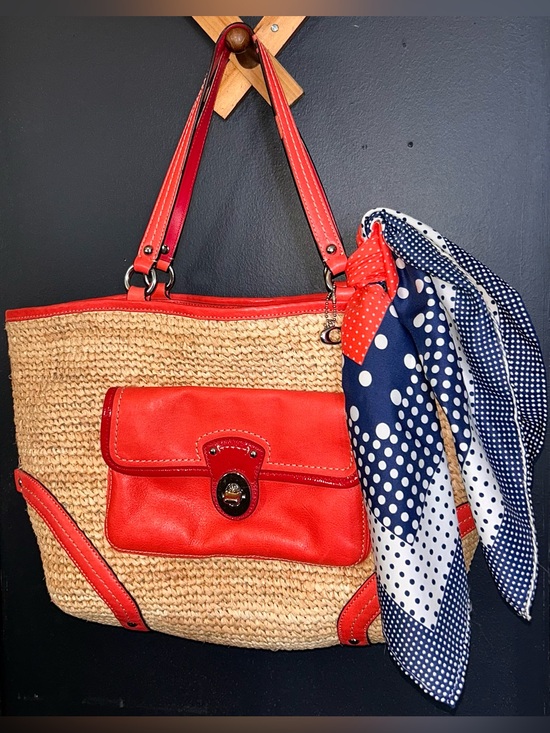 Coach Handbags - COACH NATURAL STRAW TANGERINE LEATHER TURNLOCK POCKET SHOPPER TOTE BAG -EUC-
